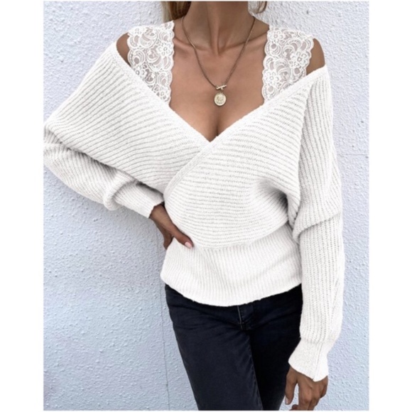 Cozy Floral Lace Knit Sweater Top Cold Shoulder Minimalist - Picture 3 of 11